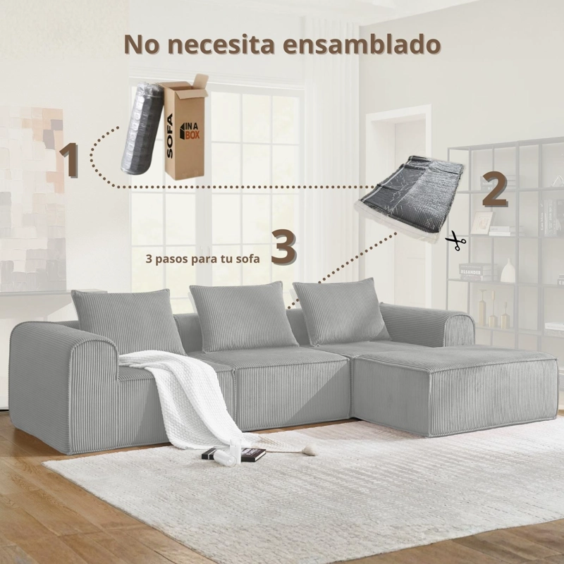 SOFA LOOP 3 CUERPOS + POUF | ESPUMA COMPRIMIDA |270X58X167 GRIS CLARO G1234 - 4