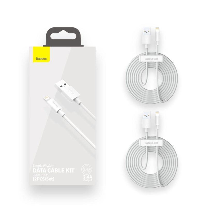 BASEUS SIMPLE WISDOM DATA CABLE KIT USB TO IP 2.4A (2PCS/SET）1.5M WHITE - 2