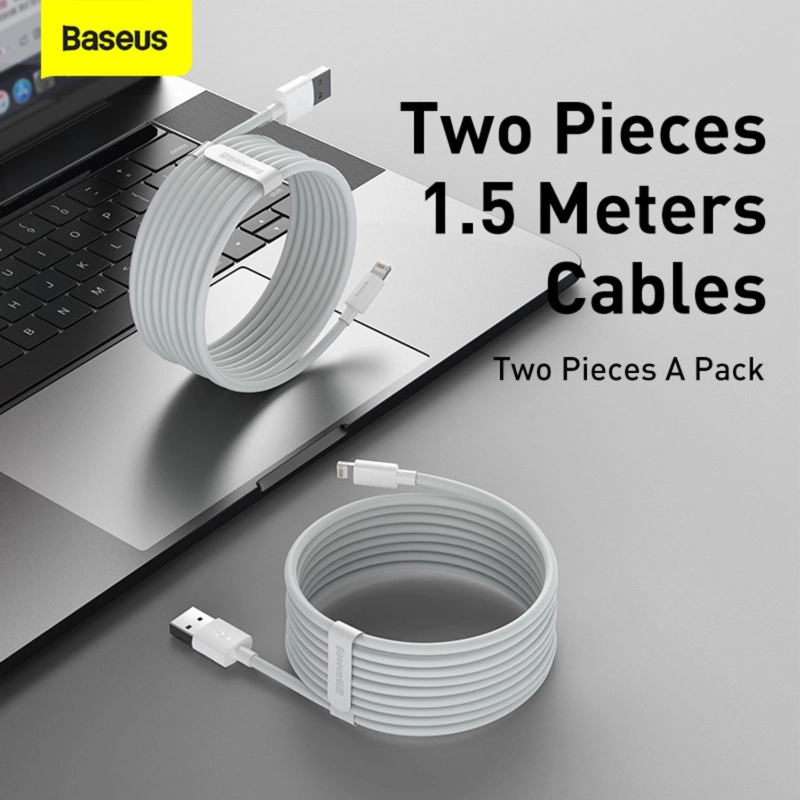 BASEUS SIMPLE WISDOM DATA CABLE KIT USB TO IP 2.4A (2PCS/SET）1.5M WHITE - 3