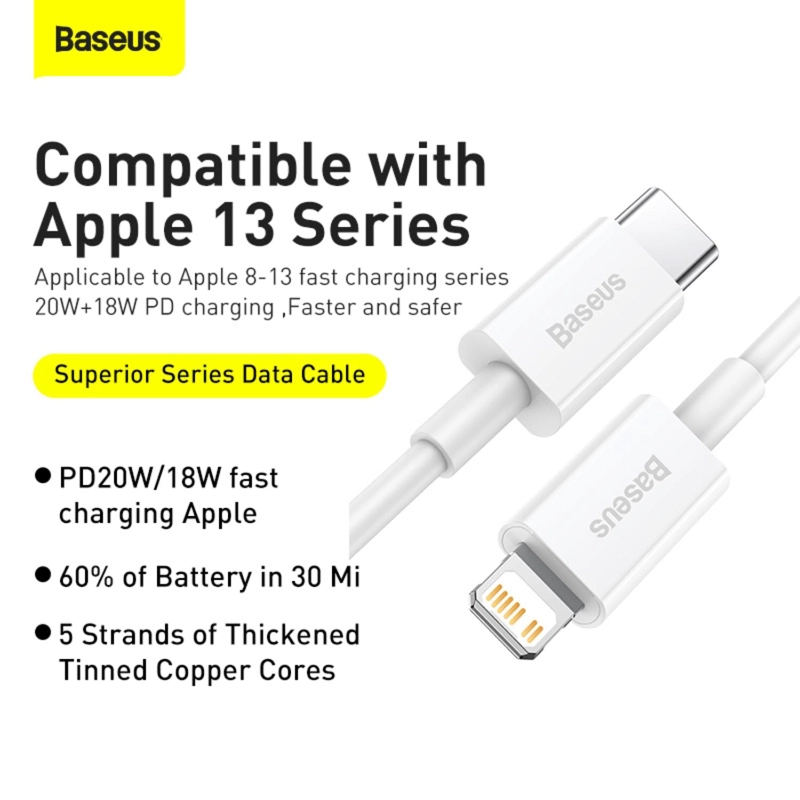 BASEUS SUPERIOR SERIES FAST CHARGING DATA CABLE TYPE-C TO IP PD 20W 1M WHITE - 8