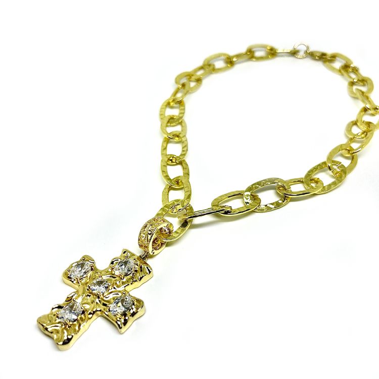 COLLAR CHOKER CADENA ESLABONES BRILLOS CON CRUZ SAN BENITO JOYAS - 2
