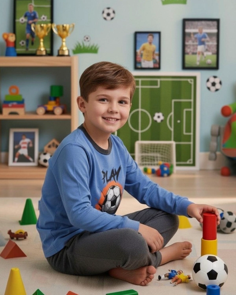 PIJAMA NIÑO ALGODON ESTAMPADO FOOTBALL CELESTE - 3