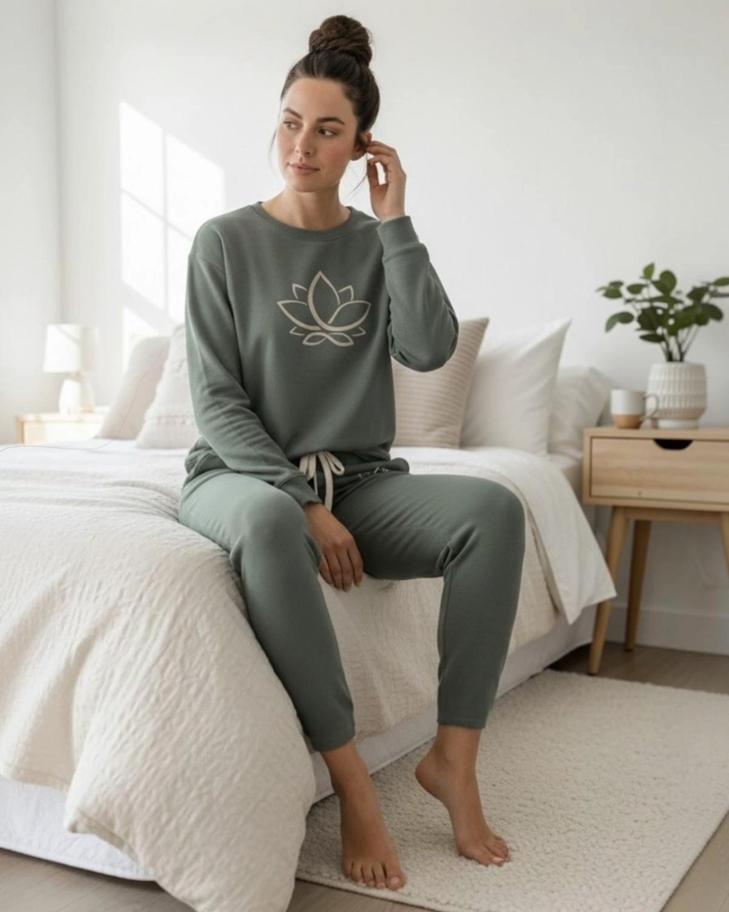 PIJAMA FRANELA MUJER ESTAMPADO FLOR DE LOTO VERDE - 2