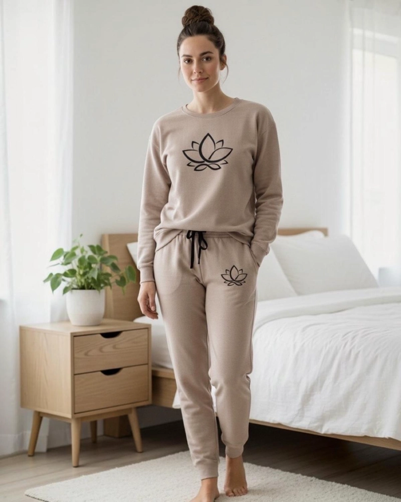 PIJAMA FRANELA MUJER ESTAMPADO FLOR DE LOTO BEIGE - 1