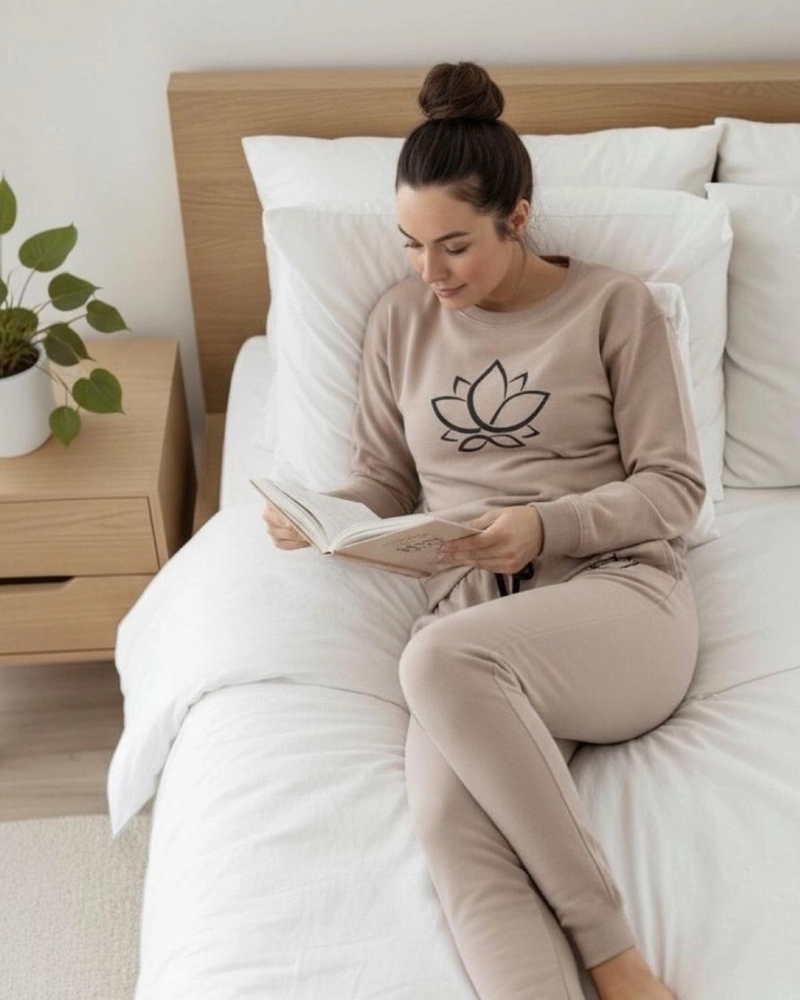 PIJAMA FRANELA MUJER ESTAMPADO FLOR DE LOTO BEIGE - 3