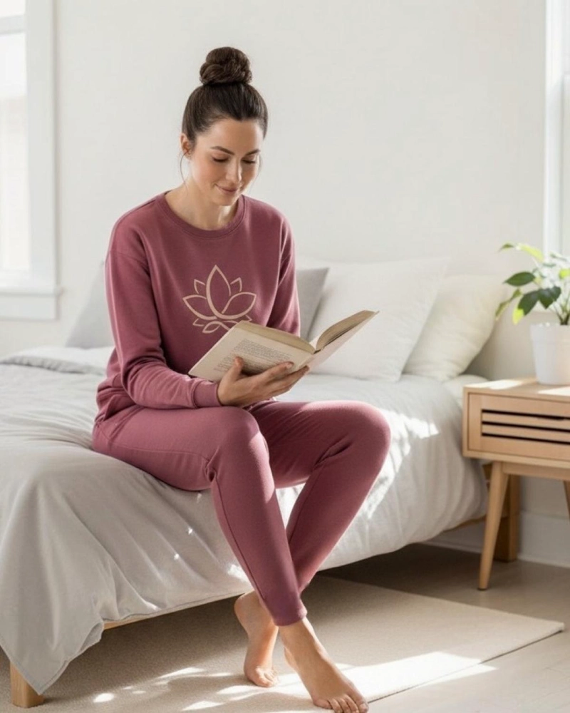 PIJAMA FRANELA MUJER ESTAMPADO FLOR DE LOTO BURDEO - 2