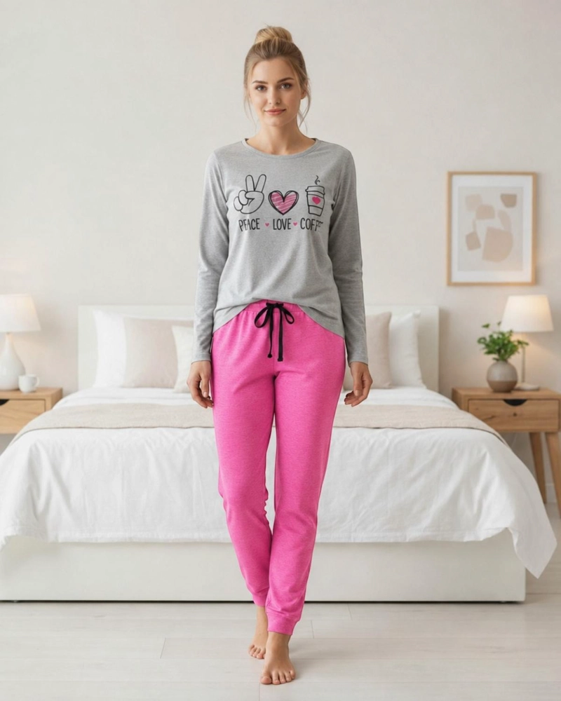 PIJAMA MUJER ALGODON PEACE LOVE COFFEE GRIS - 1