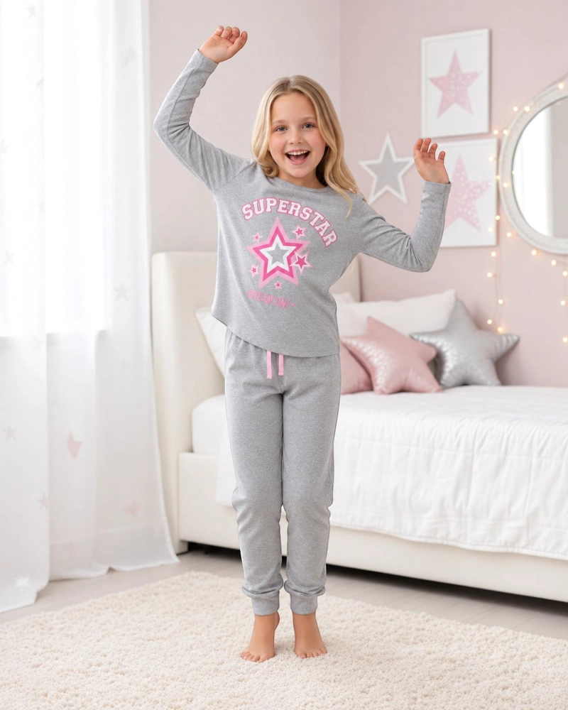 PIJAMA NIÑA ESTAMPADO SUPER STAR GRIS - 3