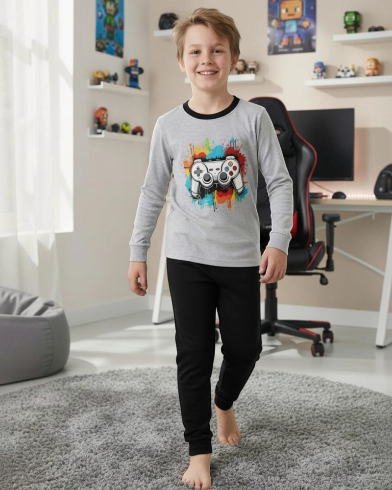 PIJAMA NIÑO ALGODON ESTAMPADO GAMER GRIS - 1