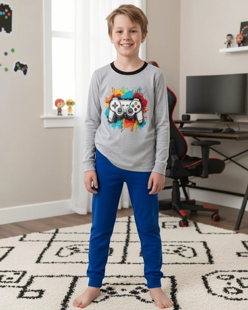 PIJAMA NIÑO ALGODON ESTAMPADO GAMER GRIS - 1