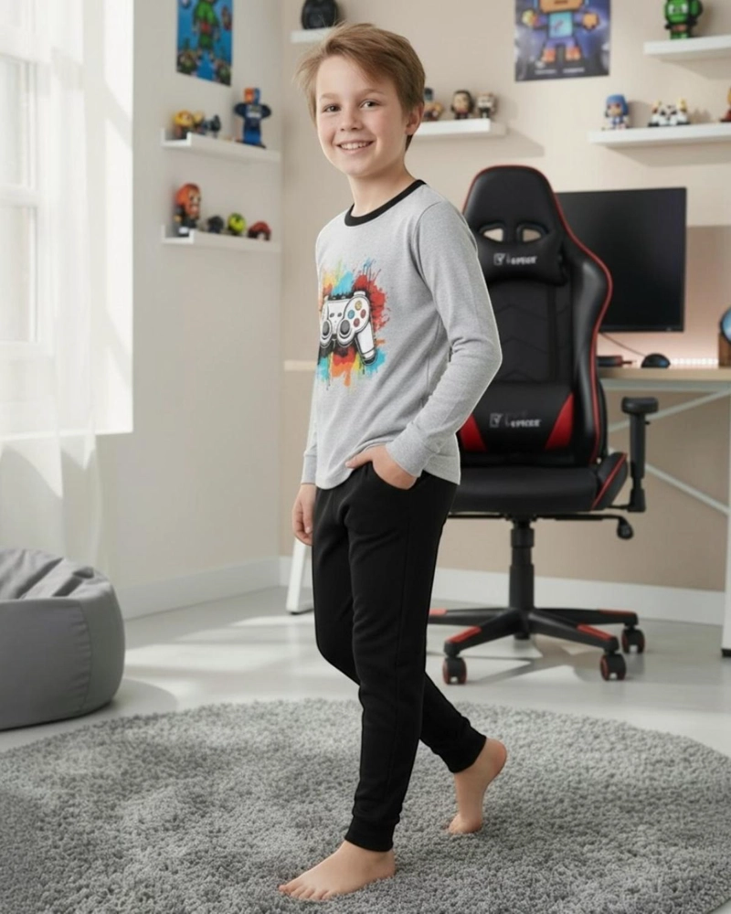 PIJAMA NIÑO ALGODON ESTAMPADO GAMER GRIS - 3