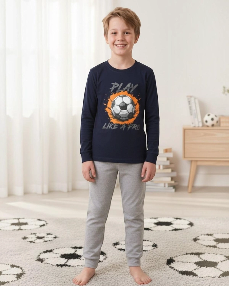 PIJAMA NIÑO ALGODON ESTAMPADO FOOTBALL AZUL - 1