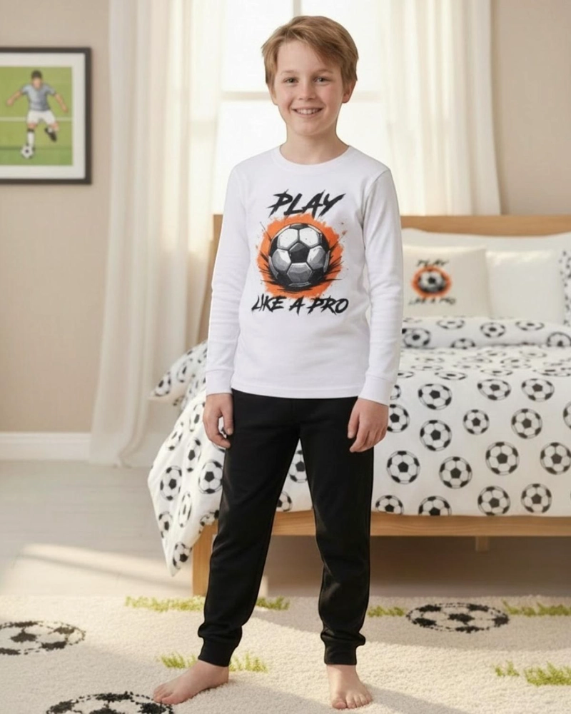 PIJAMA NIÑO ALGODON ESTAMPADO FOOTBALL BLANCO - 1