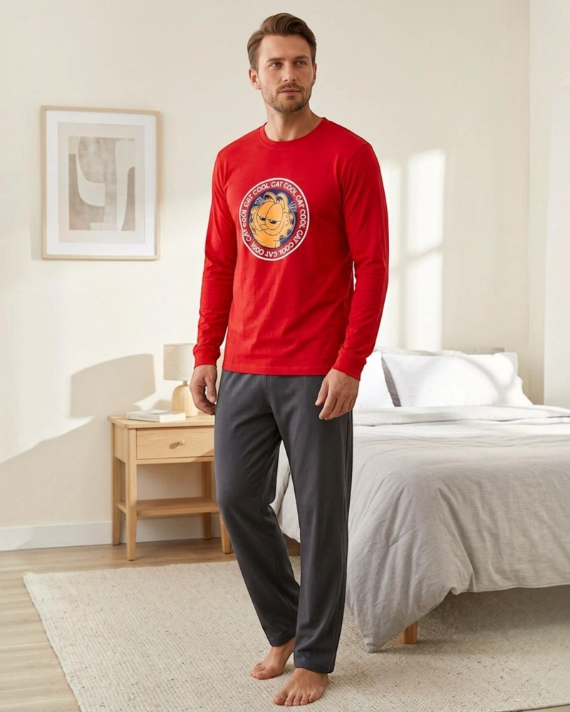 PIJAMA HOMBRE ALGODON ESTAMPADO GARFIELD ROJO - 1