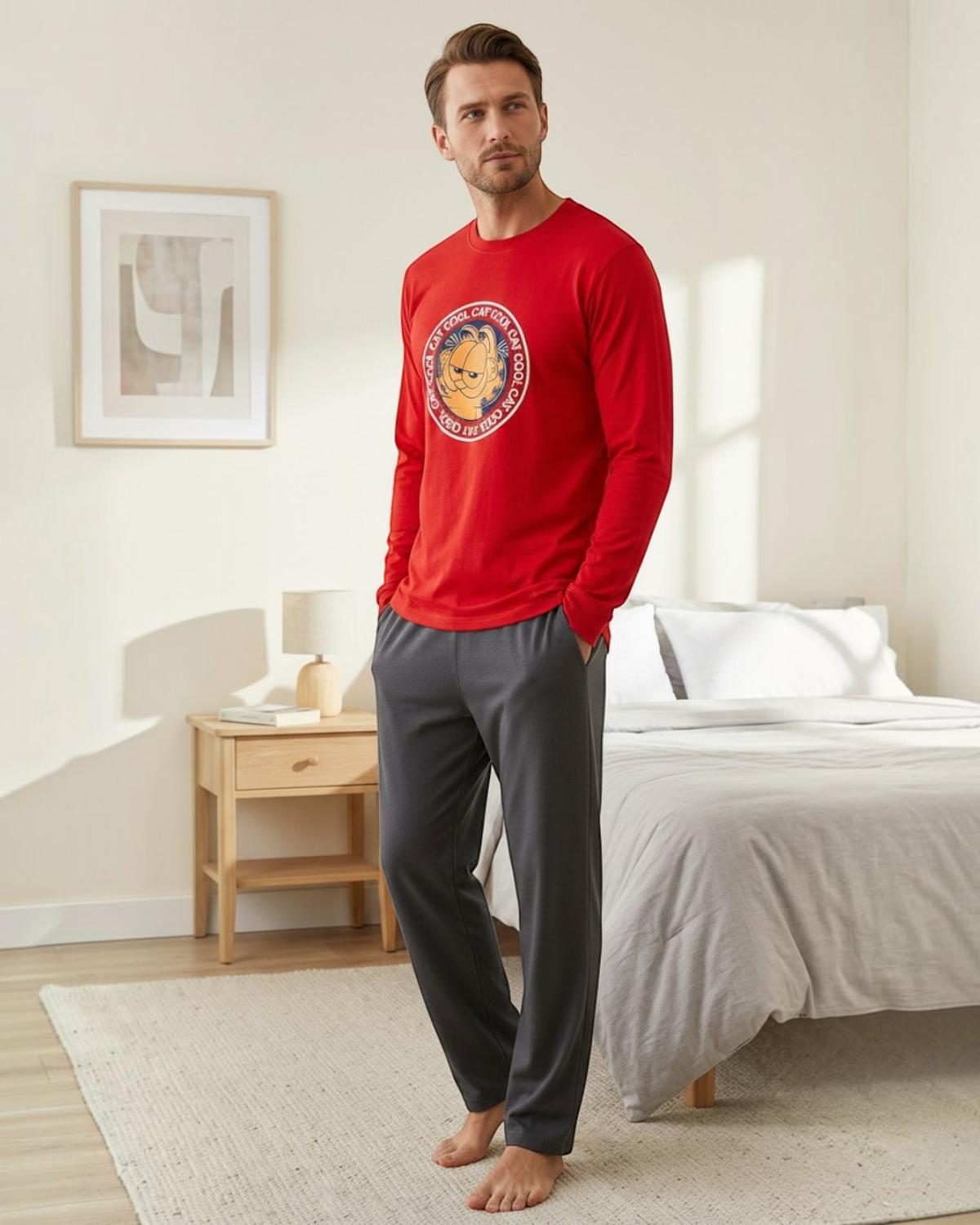 PIJAMA HOMBRE ALGODON ESTAMPADO GARFIELD ROJO - 3