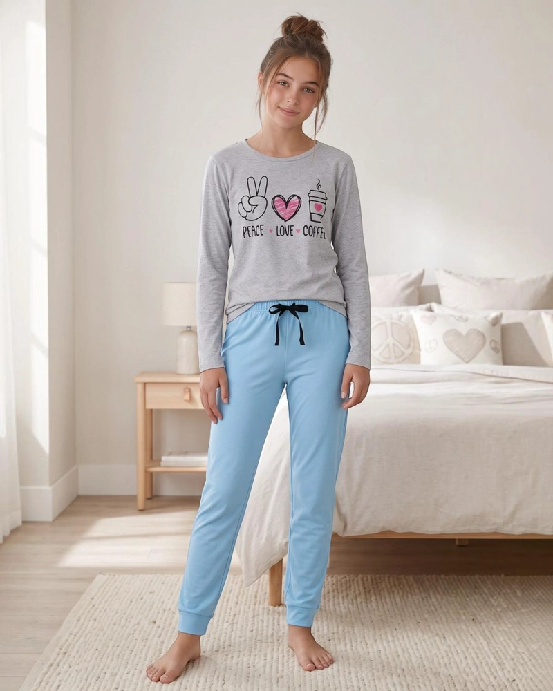 PIJAMA NIÑA TEENS ALGODON PEACE LOVE COFFEE GRIS - 1