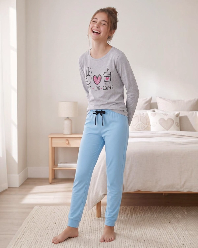 PIJAMA NIÑA TEENS ALGODON PEACE LOVE COFFEE GRIS - 3