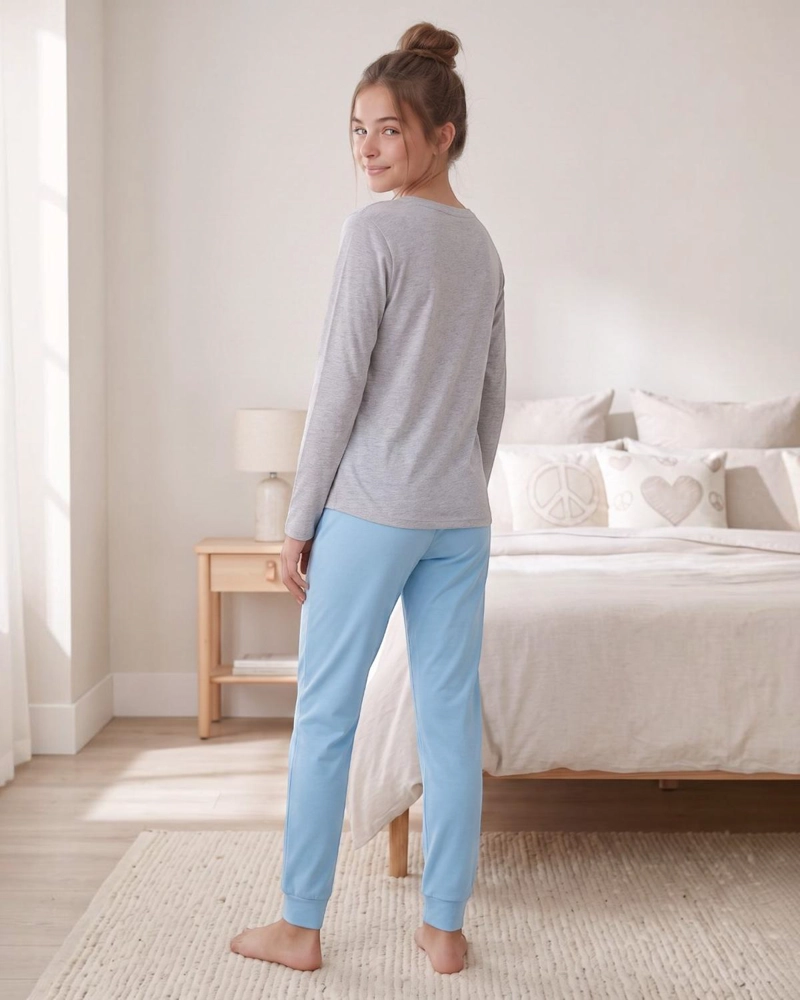 PIJAMA NIÑA TEENS ALGODON PEACE LOVE COFFEE GRIS - 4