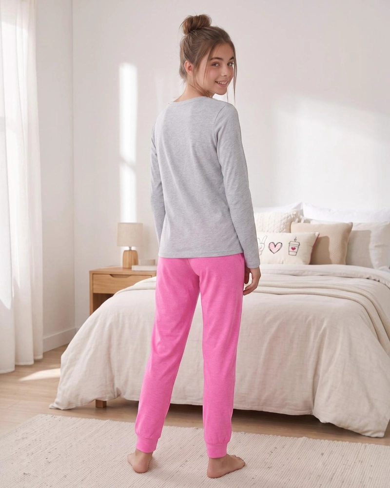PIJAMA NIÑA TEENS ALGODON PEACE LOVE COFFEE GRIS - 4