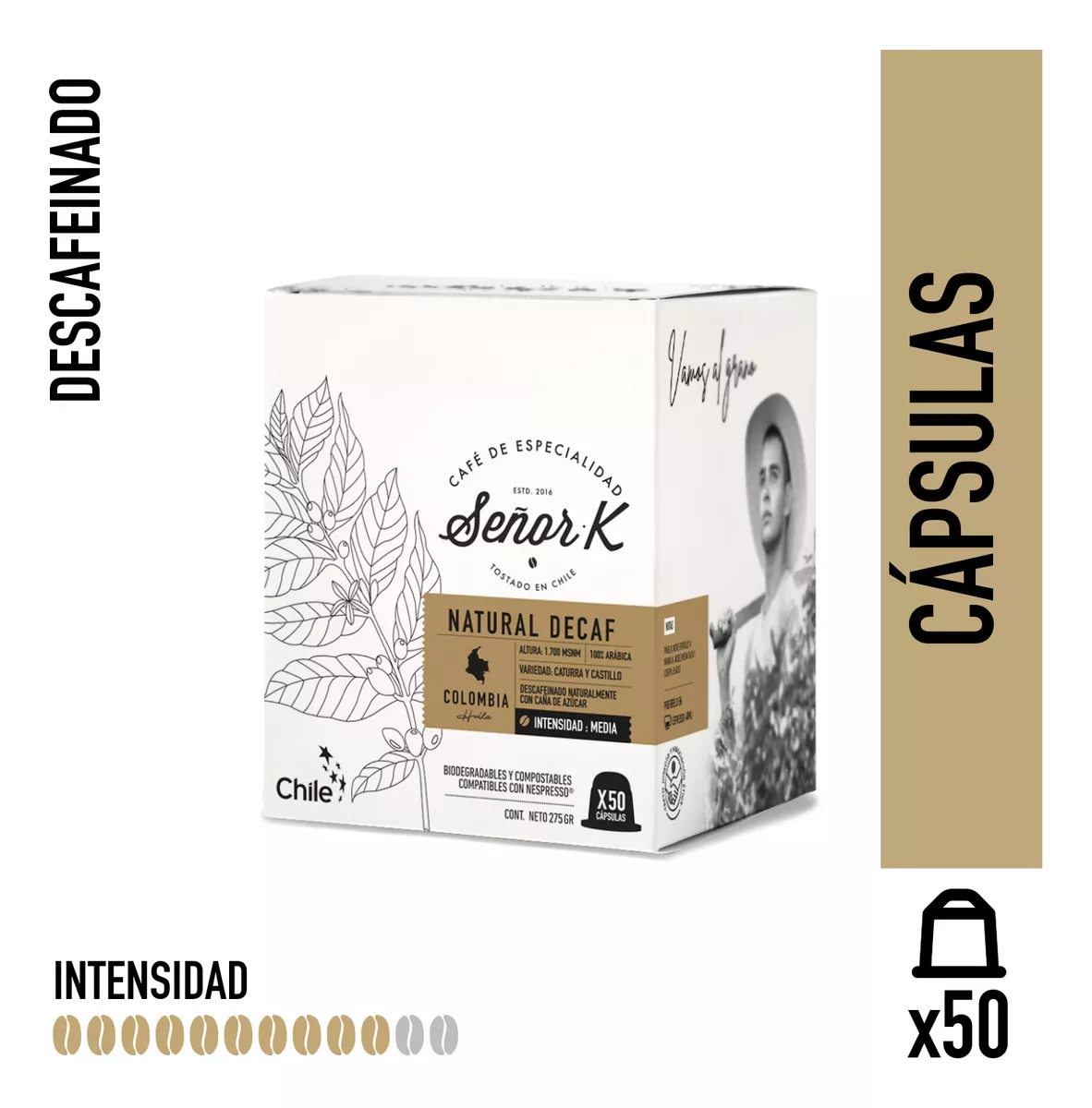 CÁPSULAS ESPRESSO DESCAFEINADO COLOMBIA SEÑOR K 50 UNIDADES - 1
