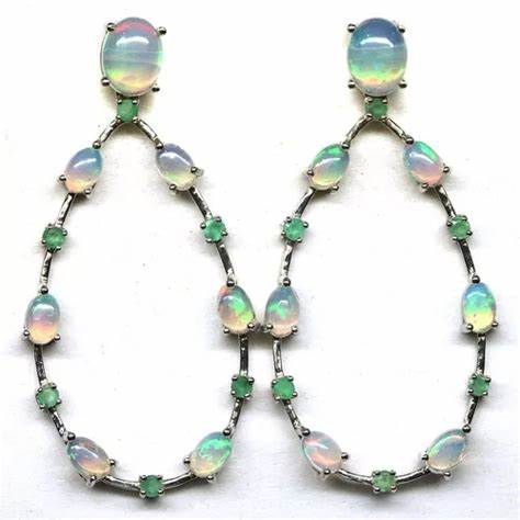 AROS DE PLATA 925 CON ESMERALDAS Y OPALOS NATURALES - 1