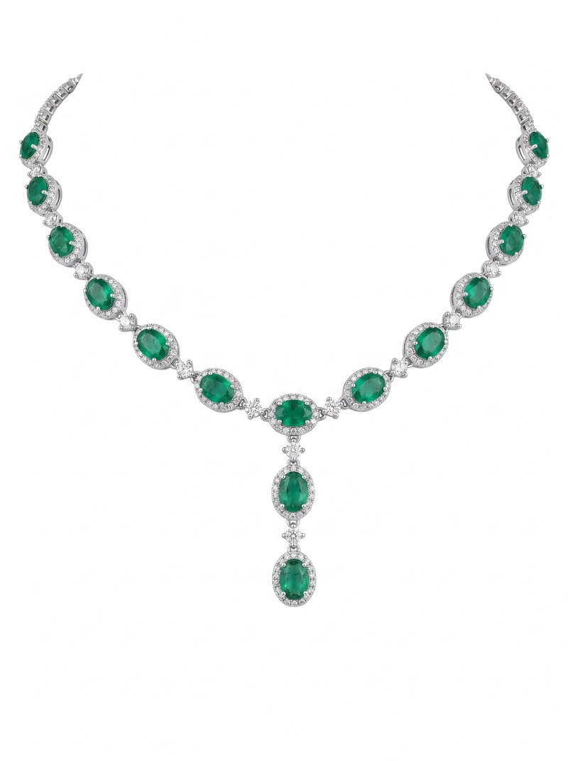 COLLAR DE PLATA CON ESMERALDAS NATURALES Y CIRCONES BLANCOS - 1