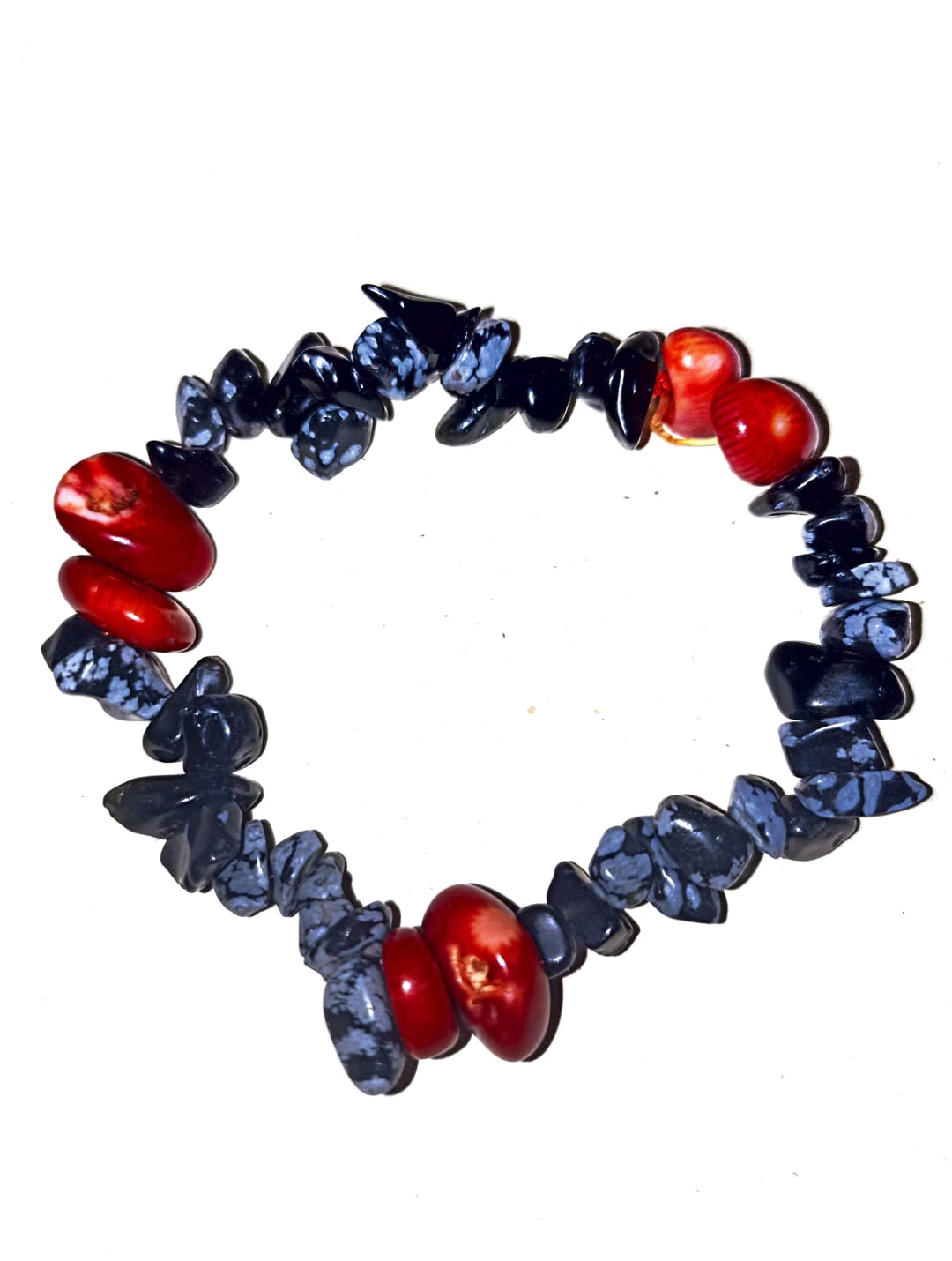 PULSERA DE OBSIDIANA COPITO DE NIEVE Y CORAL EN COLOR ROJO 100% PIEDRAS NATURALES - 1