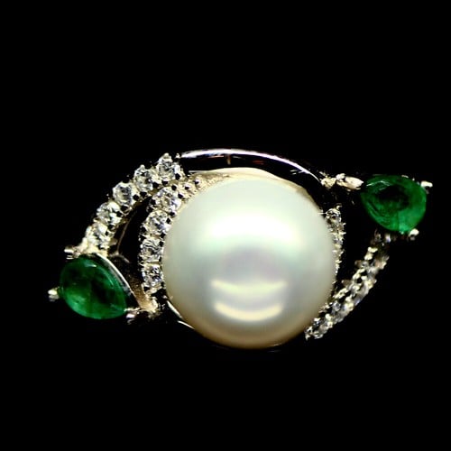 ANILLO DE PLATA 925 CON PERLA CULTIVADA Y ESMERALDAS NATURALES - 1