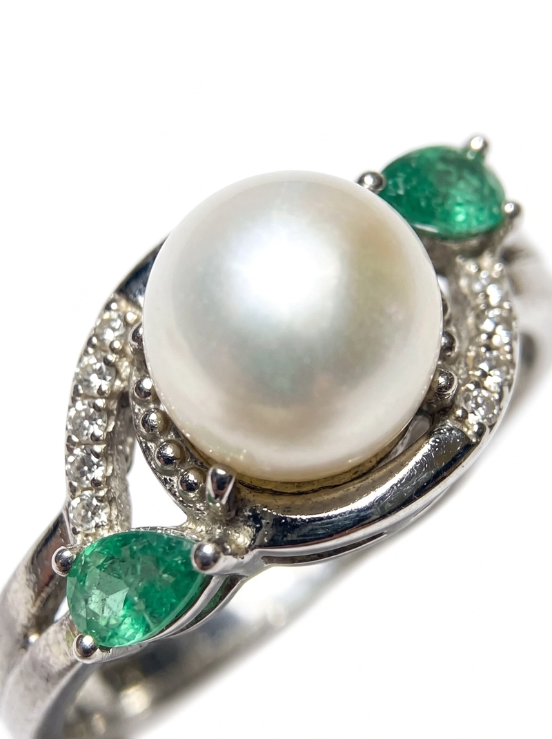 ANILLO DE PLATA 925 CON PERLA CULTIVADA Y ESMERALDAS NATURALES - 3
