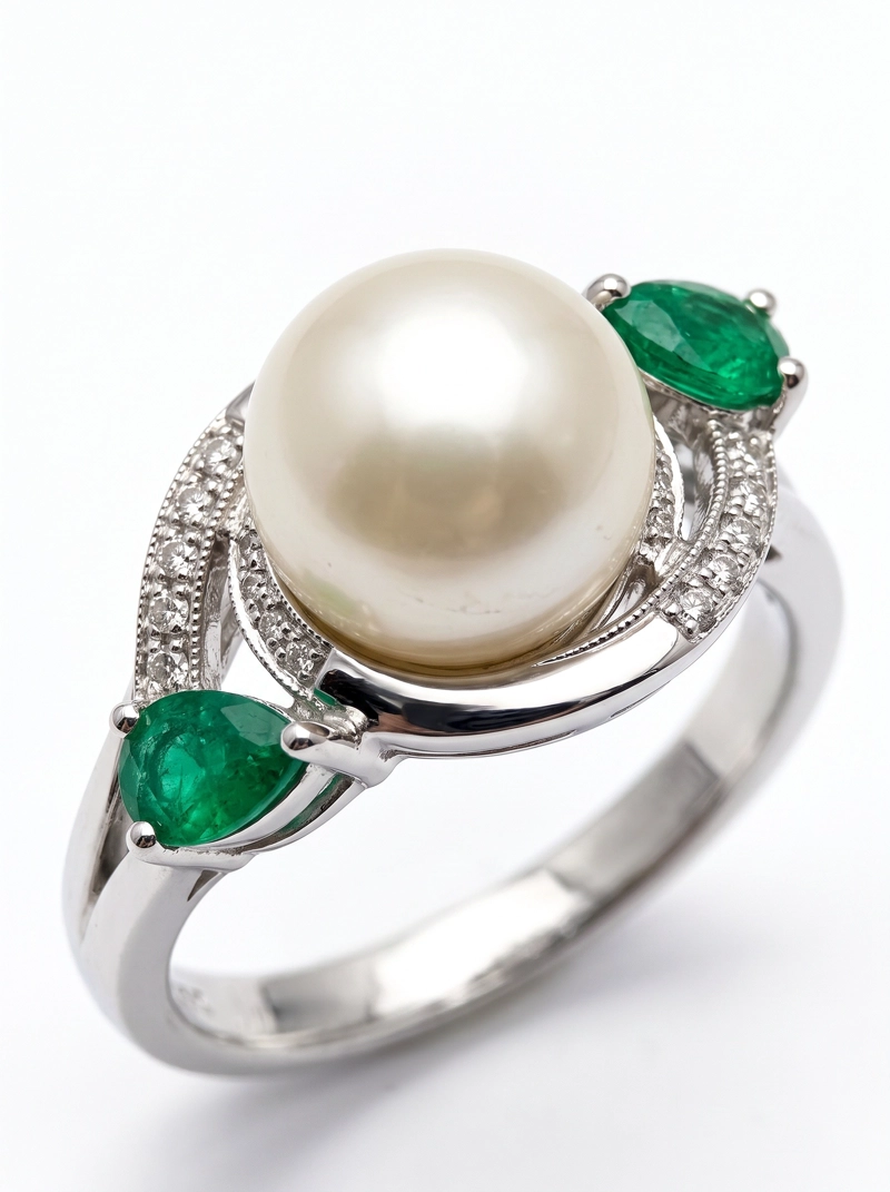 ANILLO DE PLATA 925 CON PERLA CULTIVADA Y ESMERALDAS NATURALES - 4