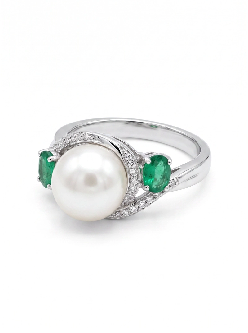 ANILLO DE PLATA 925 CON PERLA CULTIVADA Y ESMERALDAS NATURALES - 5