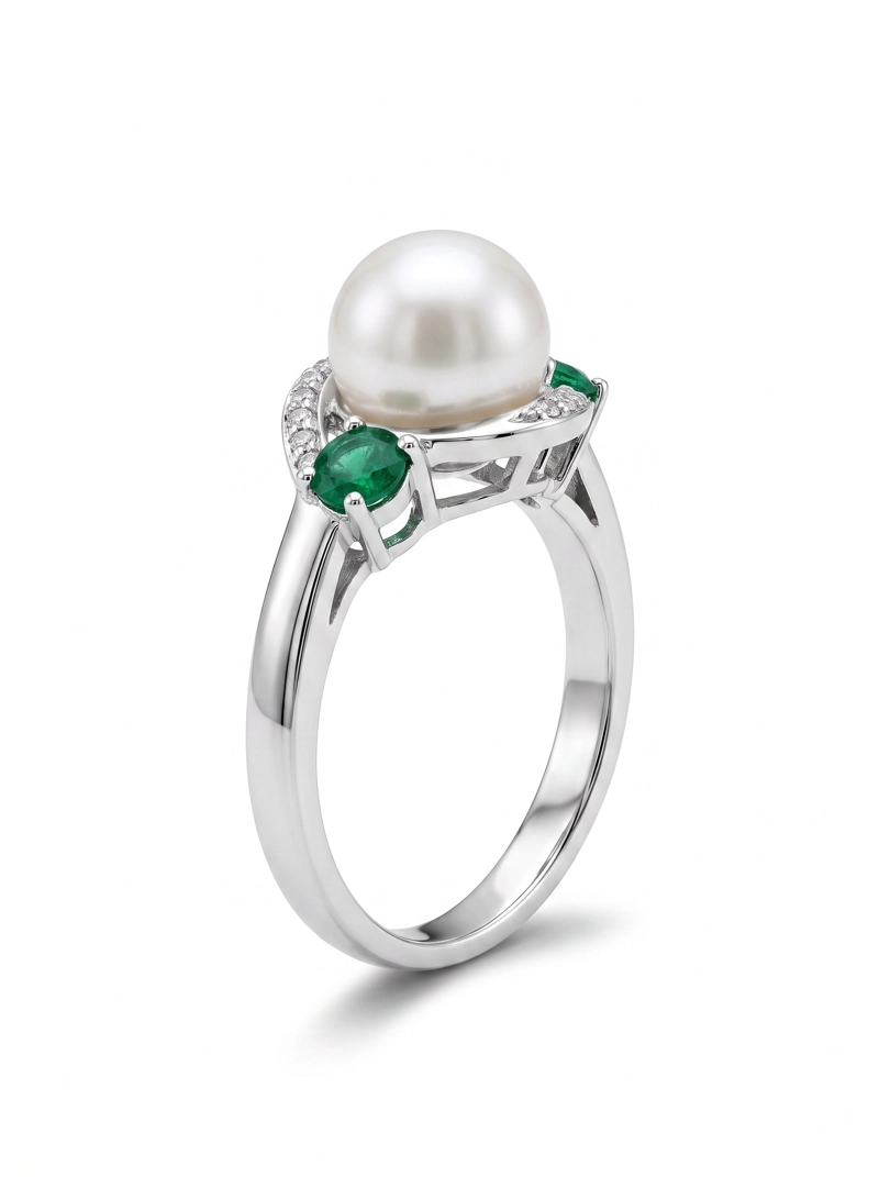 ANILLO DE PLATA 925 CON PERLA CULTIVADA Y ESMERALDAS NATURALES - 6