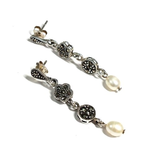 AROS DE PLATA ANTIGUO CON MARCASITAS Y PERLAS CULTIVADAS - 1
