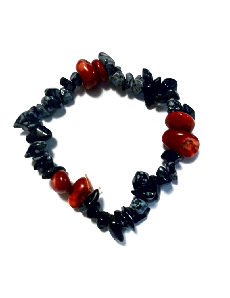 PULSERA DE PIEDRAS NATURALES OBSIDIANA NEGRA COPITO DE NIEVE Y CORAL ROJO - 1