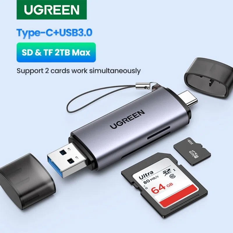 LECTOR 2EN1 UGREEN MULTI-TARJETA MEMORIA DUAL USB-A 3.0/USB-C 3.1 (SD/MICROSD) ALUMINIO SILVER CM185 - 2