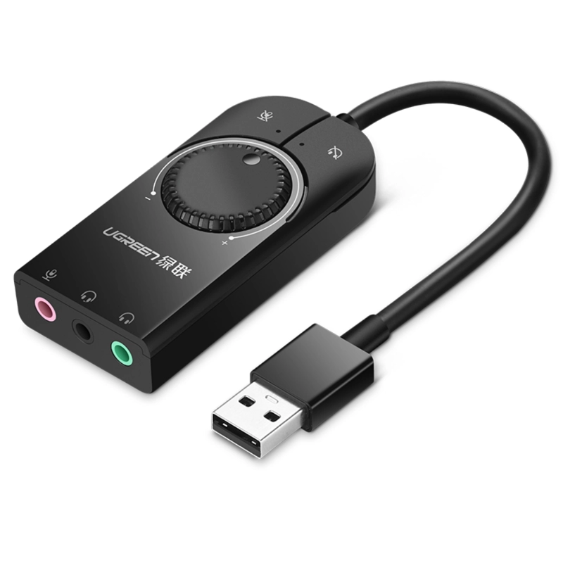 TARJETA SONIDO UGREEN EXTERNA 2.0 USB-A CON 2 JACKS 3.5MM ESTÉREO + MICRÓFONO + CONTROLES CM129 - 1