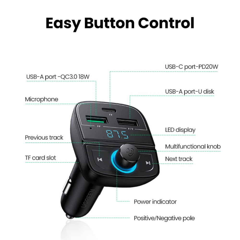 TRANSMISOR UGREEN DE AUDIO FM BLUETOOTH 5.0 AUTOMOVIL 2USB-A/1USB-C 36A+SLOT MICROSD CD229 - 5