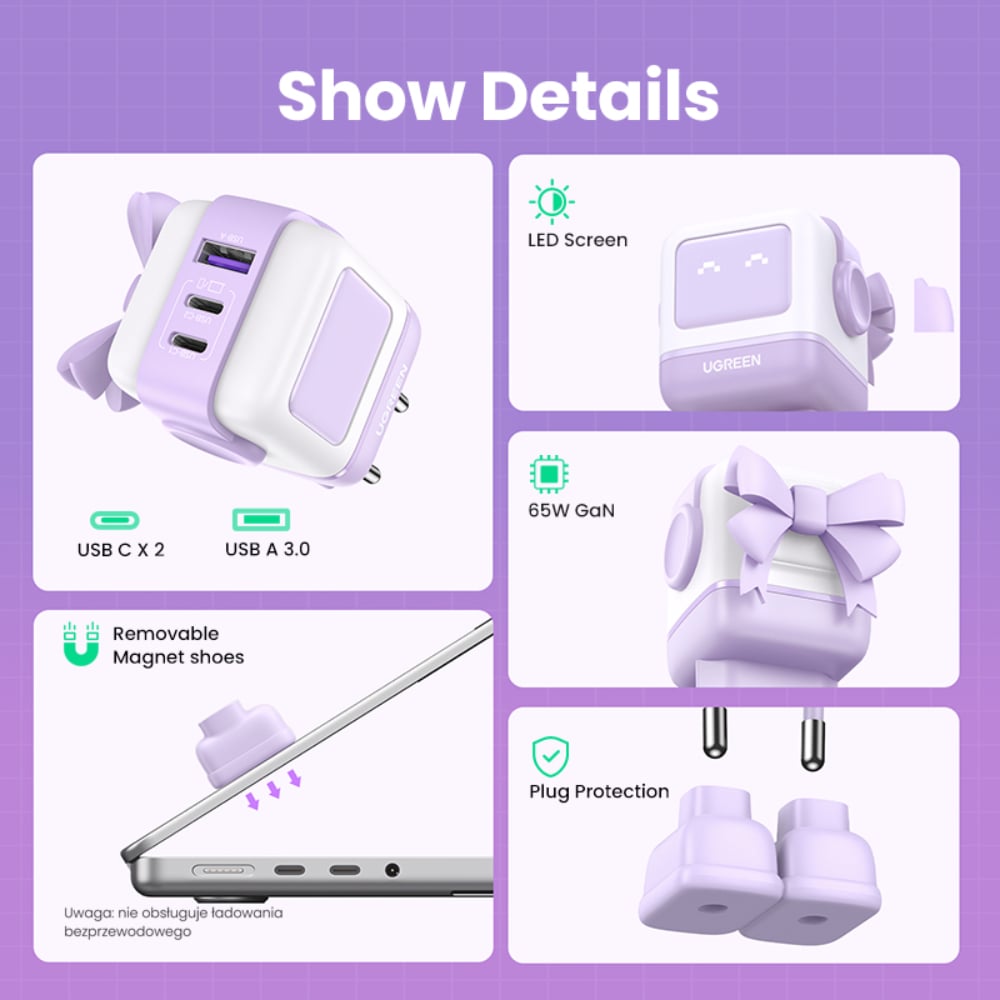 ROBOT GAN TECH CARGADOR 65W 1 USB-A + 2 USB-C PURPURA UGREEN CD361 - 4