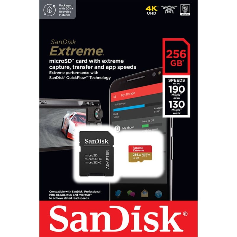 TARJETA MICROSD 256GB SANDISK EXTREME UHS-I U3 A2 ADAPTADOR - 1