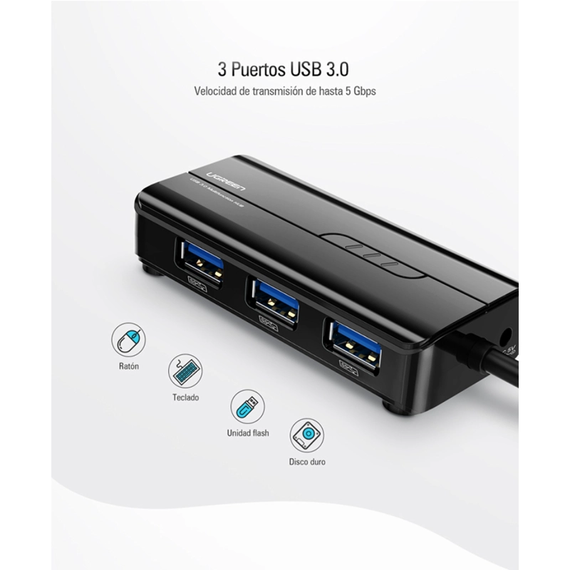HUB USB-A A 3USB + RJ45 GIGABIT NEGRO UGREEN - 2