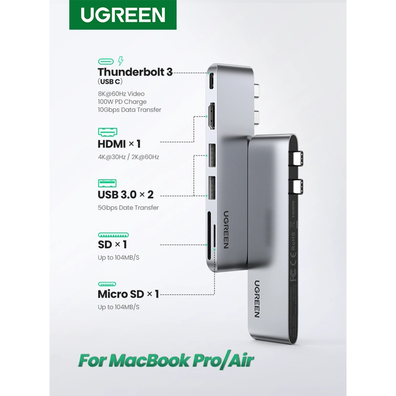 ADAPTADOR UGREEN USB-C DUAL A HDMI+2*USB 3.0 A+TF/SD+USB-C HEMBRA - 3
