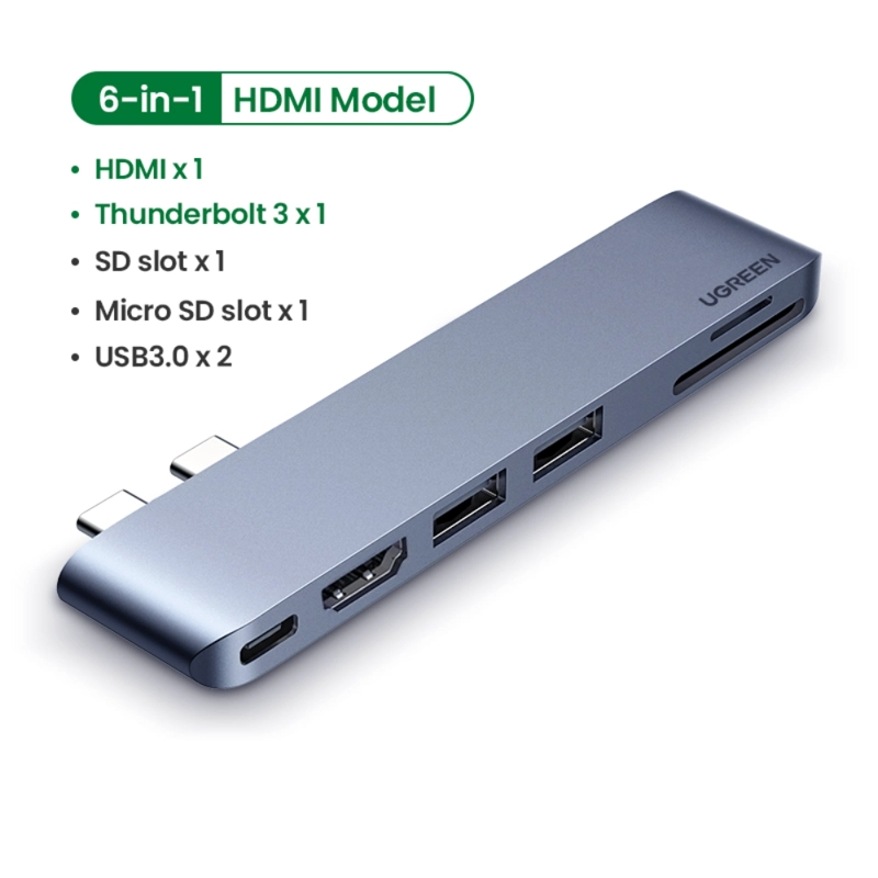 ADAPTADOR UGREEN USB-C DUAL A HDMI+2*USB 3.0 A+TF/SD+USB-C HEMBRA - 4