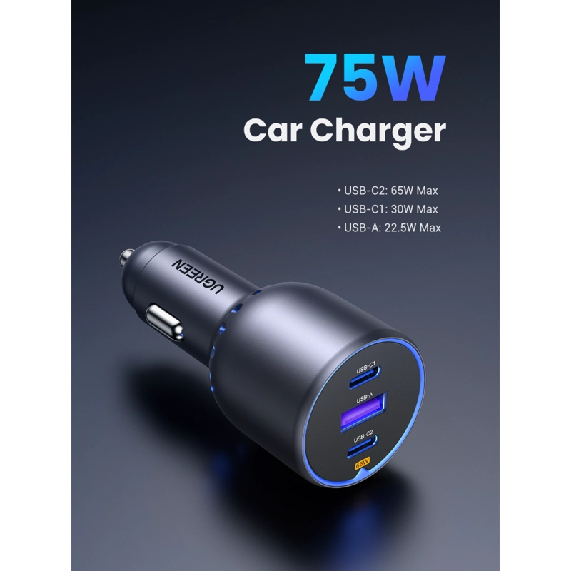 CARGADOR AUTO 2USB-C + USB-A 75W NEGRO UGREEN - 2