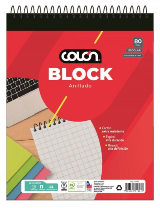 BLOCK ANILLADO ESCOLAR CON ESPIRAL 7 MM 80 HOJAS - 1