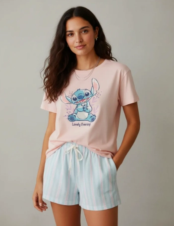 PIJAMA STITCH TONOS ROSA Y CELESTE - 1