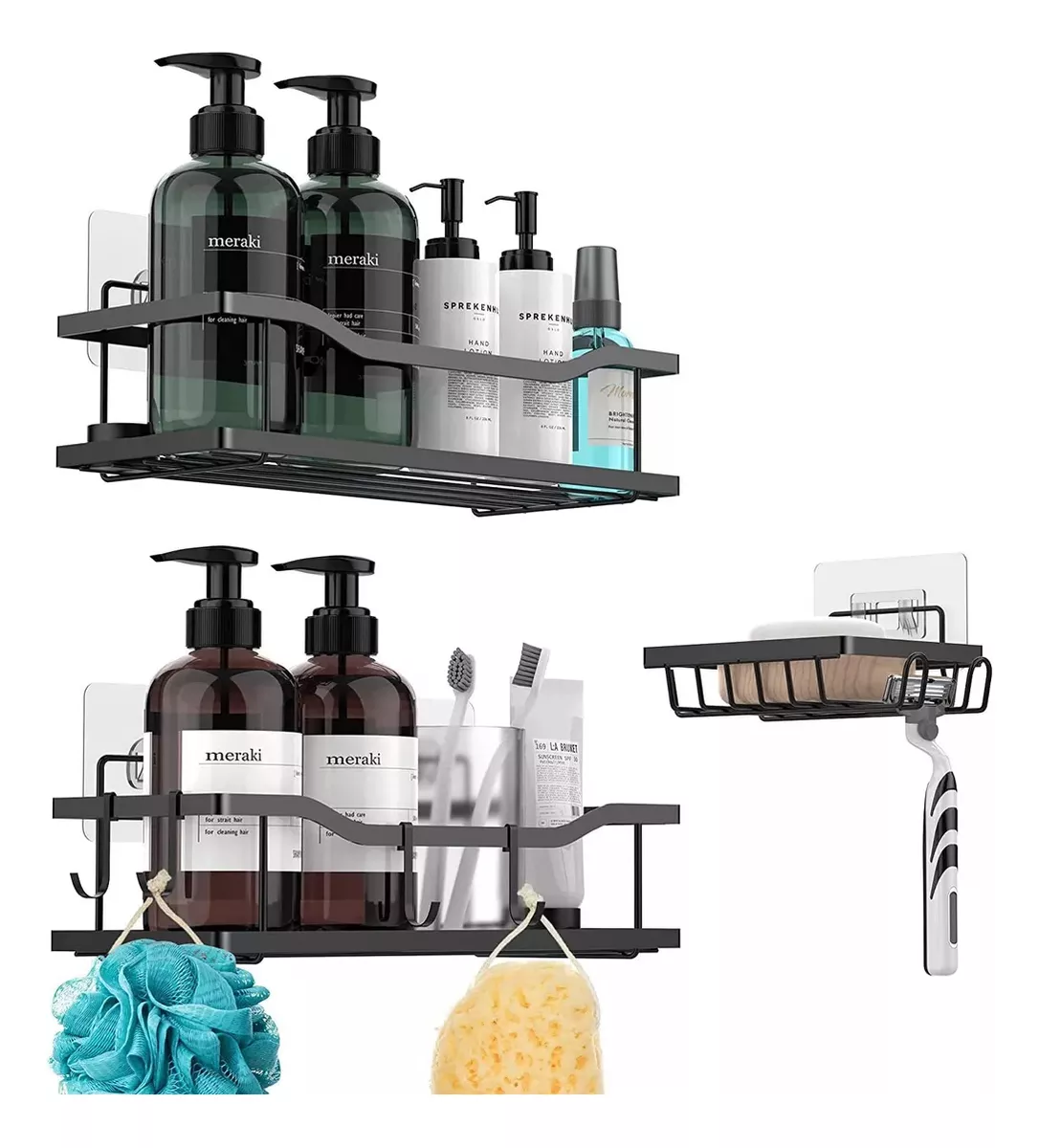 ORGANIZADOR DE DUCHA SET X2 REPISA BAÑO ADHESIVO COLOR NEGRO - 1