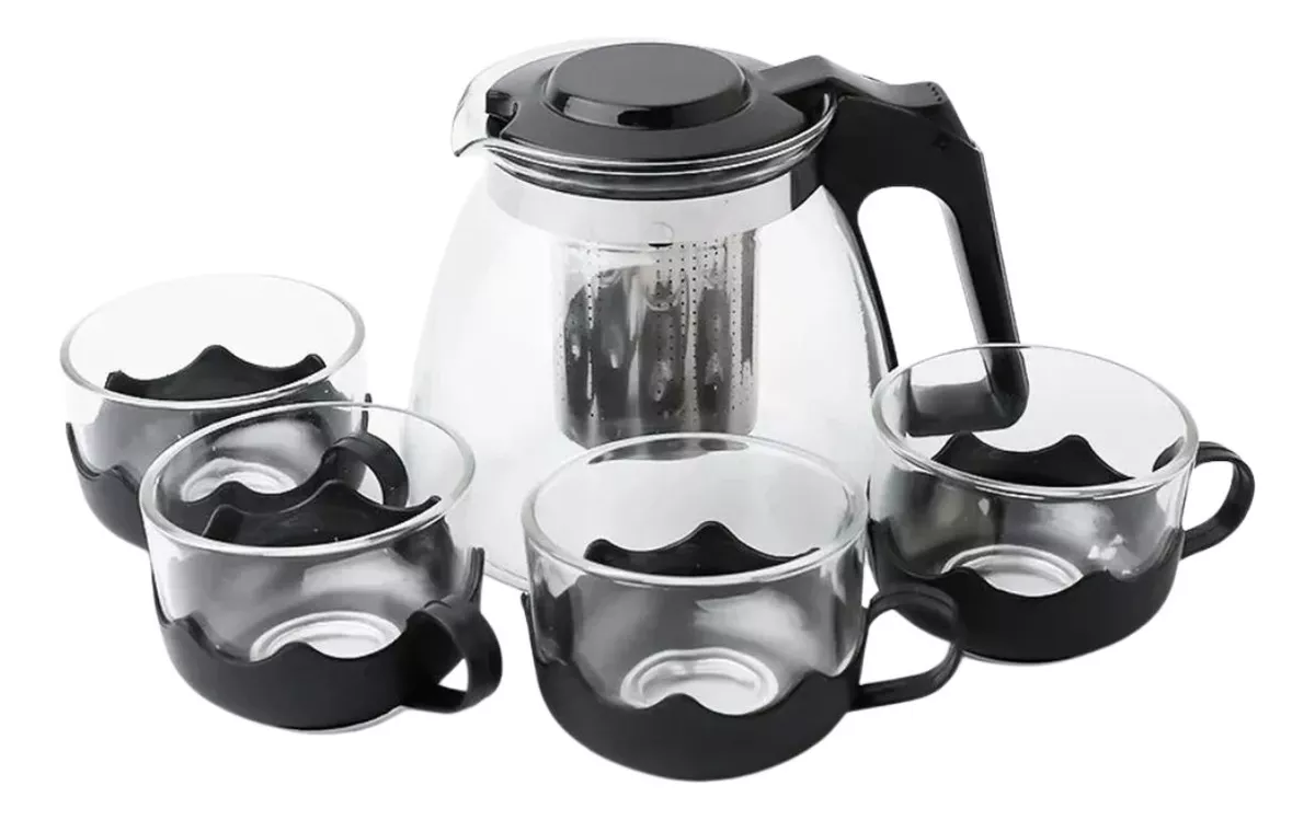 TETERA TÉ INFUSIONES VIDRIO FILTRO ACERO INOX 1L + 4 TAZAS - 1