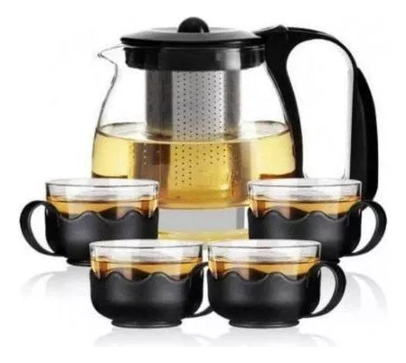 SET TETERA DE VIDRIO INFUSIÓN TÉ CON FILTRO ACERO + 4 TAZAS - 1