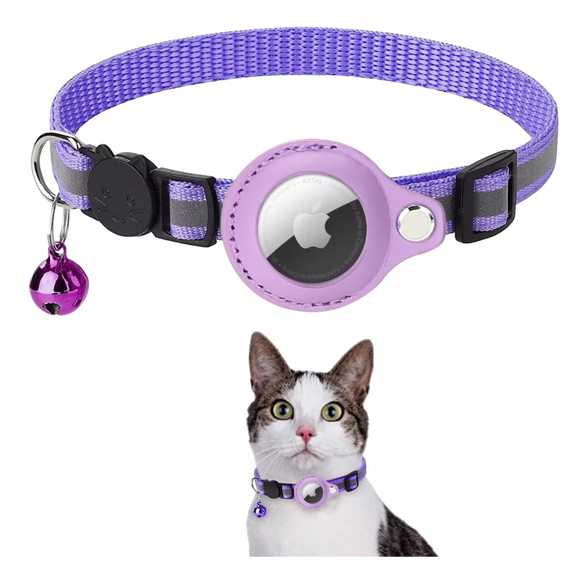 COLLAR CON FUNDA CORREA PARA AIRTAG LOCALIZAR GATOS Y PERROS  MORADO - 1