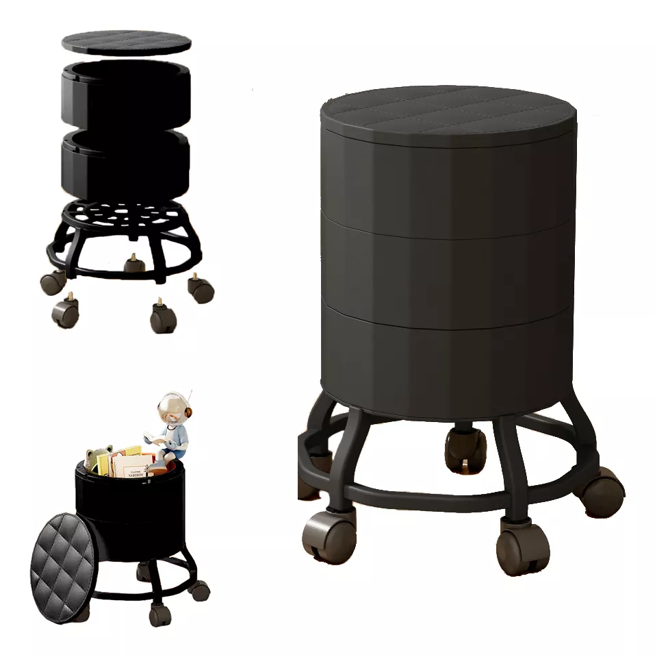PISO SILLA TABURETE CON ORGANIZADOR REGULABLE GIRATORIA 360° NEGRO - 1